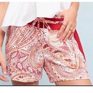 Anthropologie HEI HEI Red White Paisley Pull On Shorts Size XS Lightweight Rayon